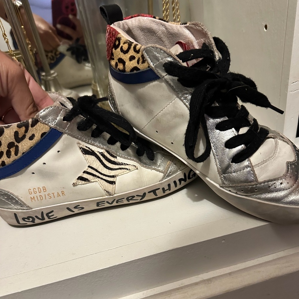 Golden Goose Mid Star Sneakers with Leopard Print and Silver Accents